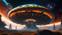 "Giant mushroom space station, central hub, floating in a nebula, intricate glowing roots, detailed, cinematic lighting. Style of Chris Foss, 8k, space opera."
