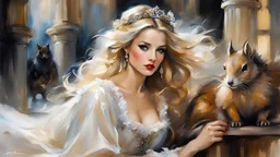 Boho-style blond snow white, Dreamlike Seductive Masterpiece Art by [Anna Razumovskaya | Fabian Perez], complex scene, perfectly composed, closeup, light play, intricate details, art nouveau, mysterious, with cute and adorable squirrels by Craola