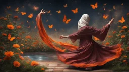 Hyper Realistic Sufi Whirling with Orange & Maroon painted cloth Islamic Sufi Rustic Grungy in a beautiful flower garden at dark night with butterflies, fireflies, water-fountain & starts on sky