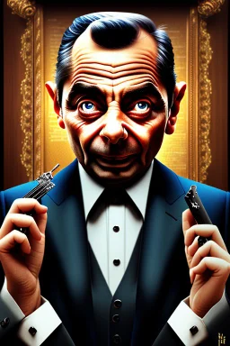 mr bean as the mafia godfather, in casino top floor, 4k, trending art, weird perspective, realism, spray paint, detailed