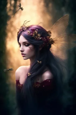 Burgundy dark red gold hair,very long hair, dark gold,gold,rapunzel hair,dark fairy princess,elven crown,dragonflies,fireflies,night,water lilies, orchids,jasmine flowers,glitter,sparkle,flowers,copper,bronze