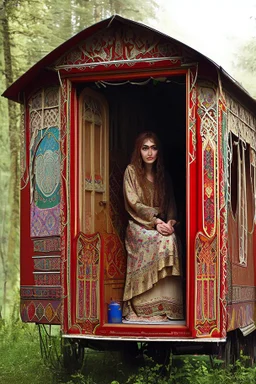 With a sense of purpose Svetlana pushed open the ornately decorated caravan door, revealing a warm interior adorned with tapestries depicting scenes of Gypsy folklore. Inside, Raul, with his weathered face and eyes that held the wisdom of countless journeys, sat in quiet contemplation. He looked up, his eyes meeting Svetlana's, and a flicker of recognition passed between them.