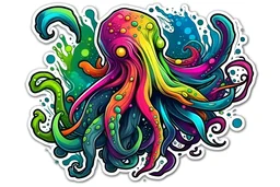 create alien style monsters, with huge tentacles and claws at the end, with colors splashing in the back all around them, miyazaki style, illustration, no shades, sticker