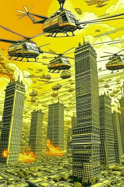 helicopters dropping dollar money Robert Kiyosaki standing on golden skyskraper city burning in background STYLE OF HIROKU OGAI