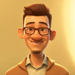 a portrait of smiling man. indonesian. carricature. dark brown hair. undercut hair. brown skin. dark brown eye pupils. wearing small rectangle glasses. big nose. triangle face shape. skinny body. semi formal dress. pixar style. 3D. 4k. portrait. highly detailed. sharp focus. high resolution. full color. cinema lighting