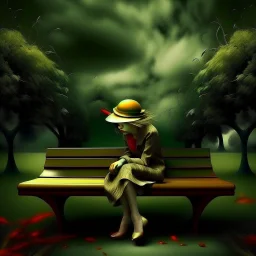 girl sitting on a bench. Surrealism