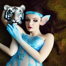 2 beautiful sourceress, girl, dressed in a transparent intricate blue dress, leaves in the hair,elf like ears, resting with a white tiger, high definition, high contrast
