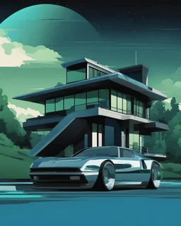 A modern country house, neofuturistic, retro anime art style, silver, blue and green colors. Pure black backgroundc7