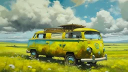 Oil painting of a yellow van parked in a field, under a blue sky with white clouds. The van is old and rusty, with some of its paint peeling. The field is predominantly brown and green, with some patches of yellow flowers. Mountains can be seen in the background. A woman sits meditating on the roof of the van. The painting is done in a realist style, with thick brushstrokes. The composition is balanced, with the van occupying most of the frame. The style is reminiscent of Impressionism, with vis