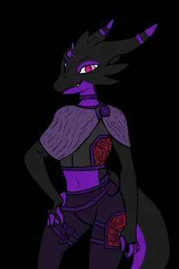 a black and purple, female argonian artificer who uses Tesla coils as weapons, skinny, lightly armored