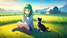 Girl, green hair, cat paws in hand, farm, sit, cat paws in feet