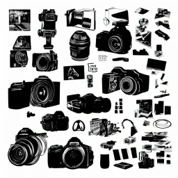 elements of photographic equipment. poster graphics. high detailed. ink and acrylic.