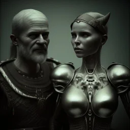 A viking boy and a girl, hr giger, scary, steam punk, realistic, made in octane, cinematic, ultra-realistic, extremely detailed octane rendering, 8K, VRAY Super Real ar 2:3, dof photorealistic futuristic 50mm lens hard lighting dark gray tintype photograph, realistic lighting, sepia color