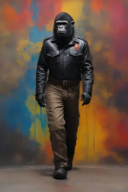 Aldo the black gorilla piece officer from Planet of the Apes wearing a clean, black leather jacket, dark colored shirt, dark tan khaki formal trousers and black slip-ons - extremely colorful, multicolored paint splattered wall in the background, oil painting by Leonardo da Vinci