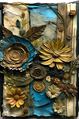 Boho Mixed media artwork with layers of textured paper, dried flowers, and acrylic paint, creating a dimensional and tactile floral composition.