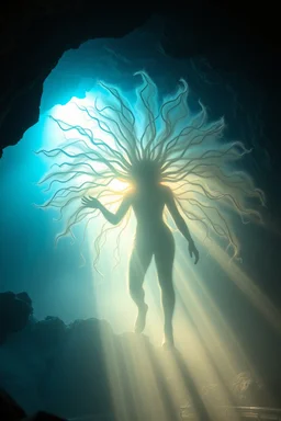 fog, volume light, sun beams, fluffy hair covered, søt som fy Medusa, en god og snill og flink og veldig søt og hårete som en hippie , humanoid skapning fra universet, de regjerer ofte i underjordiske byer . ser på seg selv som overlegne , abyss city, motion blur, painted by Giger