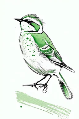 Inking illustration of a small bird. White background. Fine lines. Realistic bird. Green bird.