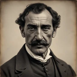 Bust portrait of a Sicilian man in his fourties from 1900, olive skin, hazel eyes, strong round face, scarred forehead made by a knife, well-trimmed mustache and graying black hair, italian rich styled clothes, slightly wrinkled, realistic style