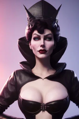 Lene Nystrøm as evil queen in black leather, busty, cleavage, voluptuous, angry, stern look. character design by cory loftis, fenghua zhong, ryohei hase, ismail inceoglu and ruan jia. unreal engine 5, artistic lighting, highly detailed, photorealistic, fantasy