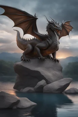 Ultra realistic photo of Dragon sitting on top of a rock next to a body of water concept ,full size, science, technology,future,electric ,futuristic style, design, practicality,manufacturability,performance, performance, HOF, professional photographer, captured with professional DSLR camera, trending on Artstation, 64k, full size, ultra detailed, ultra accurate detailed, bokeh lighting, surrealism, background,(((realism, realistic, realphoto, photography, portrait, , realistic, beautiful, elegan