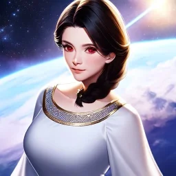 stunning half-body-portrait photo of princess leia from Star Wars played by Carrie Fisher, wlop, artgerm, akihiko yoshida, and liang xing, detailed face, doe eyes, intricate braided hair style, symmetrical eyes, trending on artstation, highly detailed, white dress, dynamic pose, intricate outfit, space ship and galaxy background