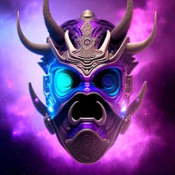 oni purple mask in galaxy, teal and purple smoke, detailed, realistic, 4k