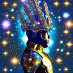 A battle suit made of galaxies and stars with a glove that has seven endless stones,A god-like man with infinite power who owns the galaxies,God-like man with infinite power who owns the galaxies and wears a beautiful crown, a jewel of diamonds and galaxies with weapons riding on a creature with an eagle head and eagle wings and eagle hands