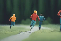 people are trying to run away from a giant robot that chasing him, cartoon style Simon Stålenhag