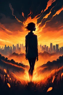 a woman standing in a field with a city in the background, digital art, inspired by Cyril Rolando, detailed glowing head, orange glow, pascal blanche, abstract realism, pino daeni and dan mumford, stylized silhouette, glitch effects over the eyes, yellow aura, trending on artstration, abstract painting of man on fire, illustration style, lit from behind