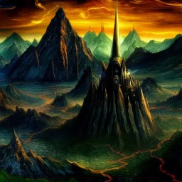 fantasy, vulcan, middle earth landscape,Tower of sauron, photorealistic, 16k resolution, sharp focus, post-processing, LOTR, Van gogh Style