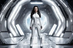 photorealistic slim woman looking like Drusilla with white boots in a heroic pose at the entrance to a spaceship