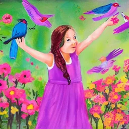 a girl in the garden with colorful bird singing