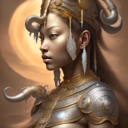 Sango fantasy, fantasy magic, intricate, sharp focus, illustration, highly detailed, digital painting, concept art, matte, art germ and Paul Lewin and Kehinde Wiley, masterpiece silver elephant head bronze Buddha Asian African girl nice breast Hawaiian hair turquoise golden waves