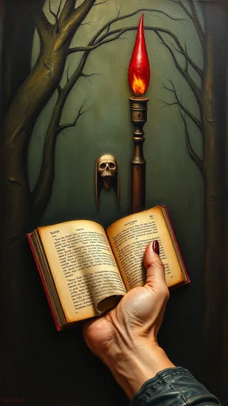 Bosch style painting , A 3D evil hand holding a book up