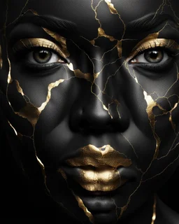 a beautiful black woman face made of kintsugi seam, photo realistic, 16K