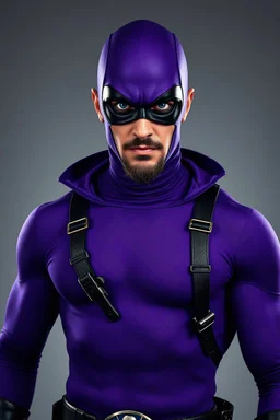 full-length, A portrait of a the Phantom, a man with piercing blue eyes, a chiseled jaw, goatee, timeless face, stern expression, Wearing a skintight formfitting purple cotton hero suit with a skintight cowl with a widows peak that fits tight to his head, but does not cover his face or his forehead , he wears a thin, black leather, bandit eye disguise over his eyes, black and blue diagonally striped trunks, dual-holstered pistol belt adorned with a triangle skull-shaped buckle, leg straps, boot