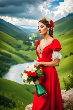 a woman in a red dress holding a vase, creative colorfull - makeup, with professional makeup, very very very beautiful face , nice country side with hills ,waterfall over a river with clear water,girls with perfect pretty face in folk costums closeup , very nice mountains at distant, nice clouds in sky ,wide green field with