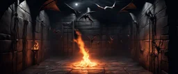 Hyper Realistic dark dungeon with a flame torch with bats flying & cobwebs on dark rustic walls at night