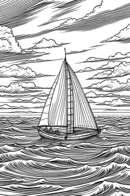 A sailboat glides gracefully across the endless expanse of a tranquil, azure ocean, its sails billowing in the gentle breeze. The vastness of the open sea stretches as far as the eye can see, offering a profound sense of boundless freedom and adventure..coloring book page, simple and clean line art, adult drawing book, black and white, crisp black lines, no shades, sharp lines, coloring book for adults, cartoon style, landscape