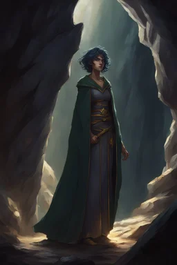 Dnd character in a dark cave. Leaning against a wall. A female Elf twilight cleric with super curly, super short, dark blue hair and golden eyes, wearing gray and dark green robes. Etheral, muscular, strong.