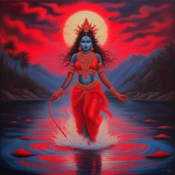 An oil painting of goddess Kali crossing a lake neon red colors