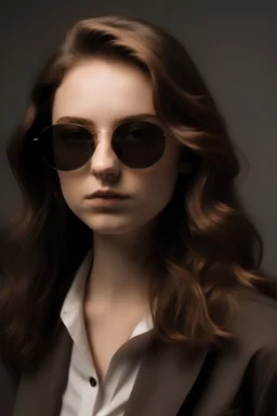 23 years old lady with waivy chestnut brown hair with light brown eyes and white skin color wearing a tee in a blazer and wearing a dark brown shades and partially facing to the right