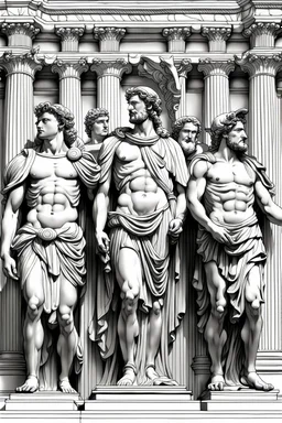 Architecture of ancient Rome of the II century AD Statues of ancient Roman gods contour reconstruction. The drawing is linear, in the style of vector graphics, black and white. High image quality in 8K