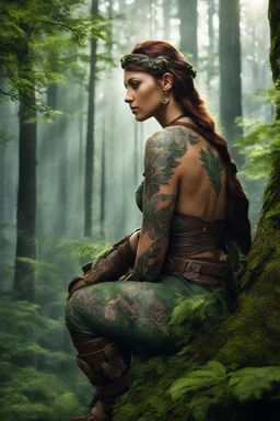 [Endor, tattooed woman warrior] Afrey kneels watchful upon her chosen branch high above the city. Soft glows through the leaves below speak of hearths lit and eyelids growing heavy as the Ewoks within ready themselves for sleep. But she will keep her mantle of guardian a while longer yet. With subtle shifts and flickers, the tattoos adorning her frame seem to writhe in the dimness like nothing so much as the vines and branches around her. Great serpents and ravens curl in tune to some rhythm fel