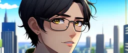 anime spanish guy with glasses and black hair with city background tech