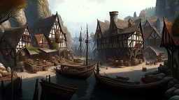 gothic medieval village at foot of cliffs, wooden harbour, shops, inn, taverns, houses, people, trees