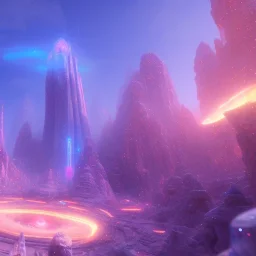 a crystalised blue pink spaceship, gold, diamonds, lightbeams, cosmic background, atmospheric, realistic, unreal engine, 8k. Cinematic lighting, octane render.