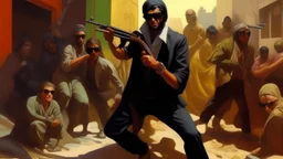 takistan life, action scene fighting mob oil painting. dr arab cover 1970, far perspective dnd style. sunglasses. marketplace dark business, with ak 47 shooting food.