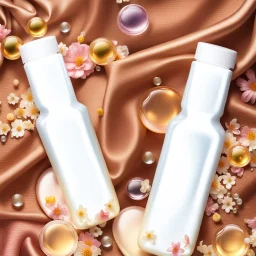 two cosmetics bottles are on a silk fabric, behind a beautiful floral spring floral background, the picture is top view, in the background there are beautiful soap bubbles, molecules and honeycombs, high-quality picture, top view