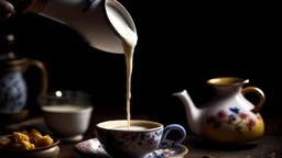 A cozy scene of a teapot pouring a stream of milk into a cup of tea, creating a beautiful contrast of colors.